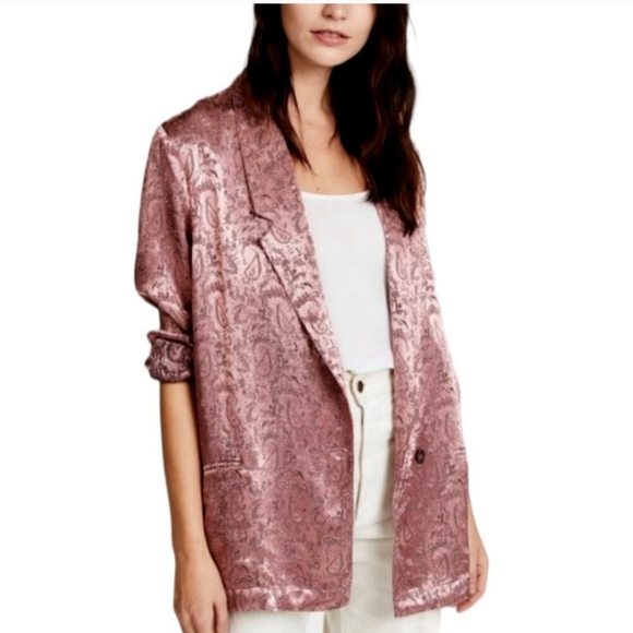 Free People silky jacquard paisley long one button pink purple blazer jacket S - Picture 3 of 10